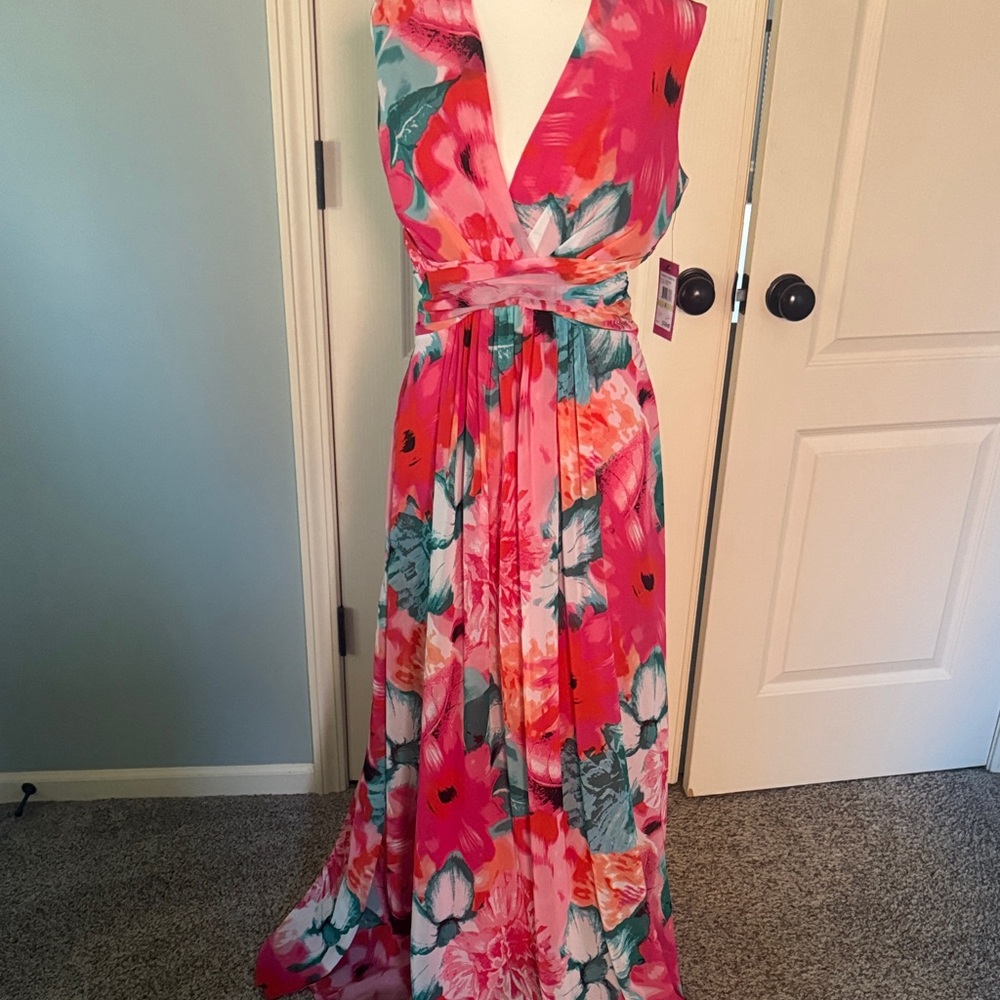 Vince Camuto Vibrant Pink and Green Floral Maxi Dress
